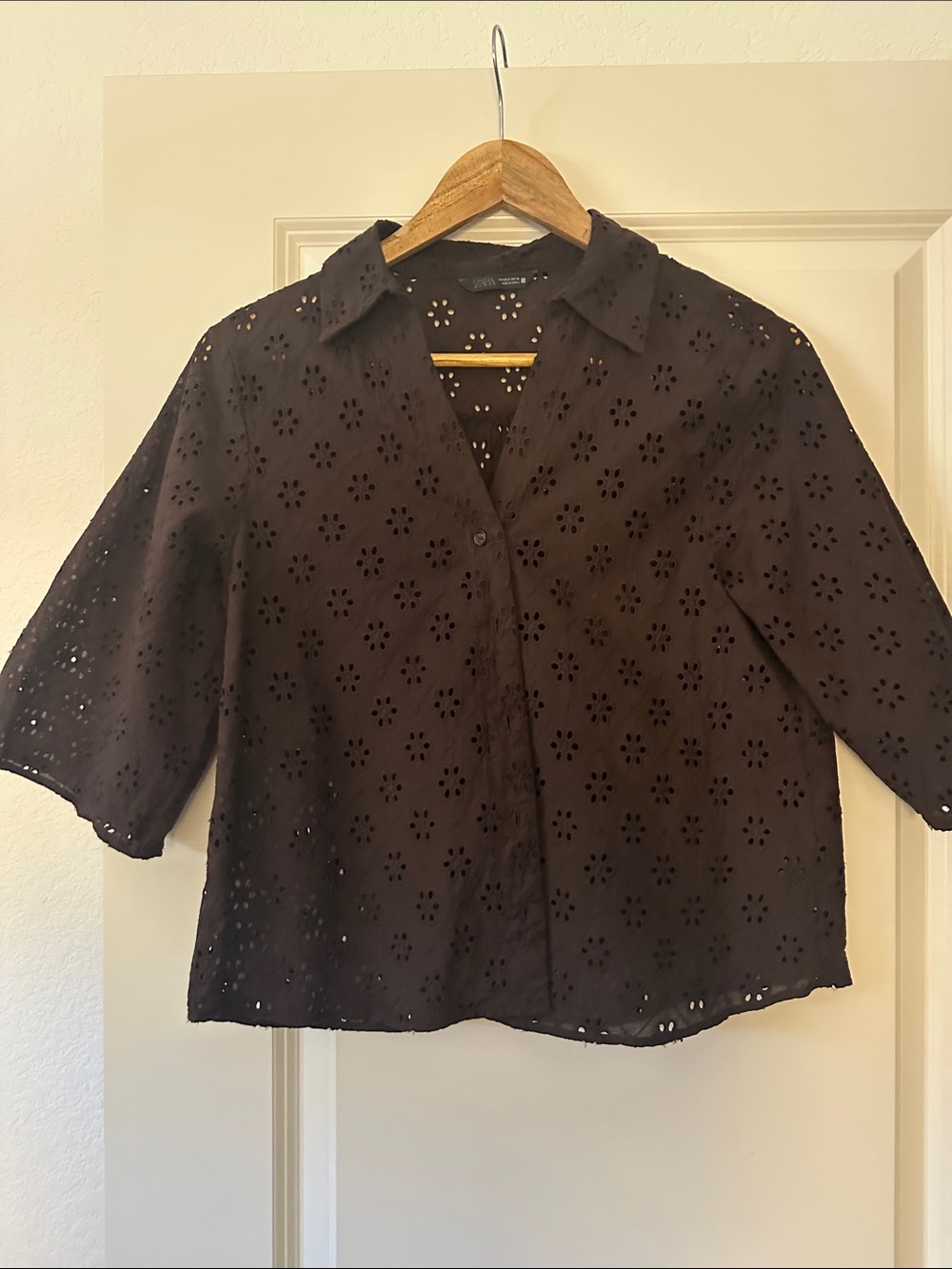 Zara Brown Eyelet Button-Down Top